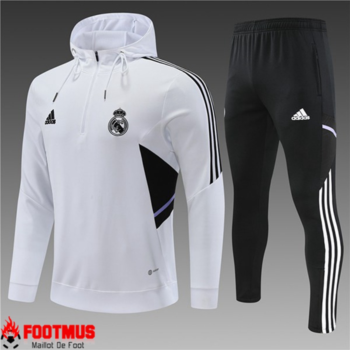 Ensemble Veste A Capuche Survetement de Foot Real Madrid Enfant Blanc 2022/2023